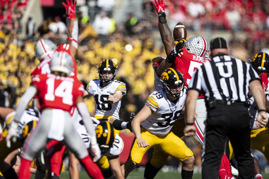 Iowa kicker Drew Stevens kicks a field goal during a football game between Iowa and No. 2 Ohio State at Ohio Stadium in Columbus, Ohio, on Saturday, Oct. 22, 2022. Steven’s lone kick was successful from 49 yards out. The Buckeyes defeated the Hawkeyes, 54-10.