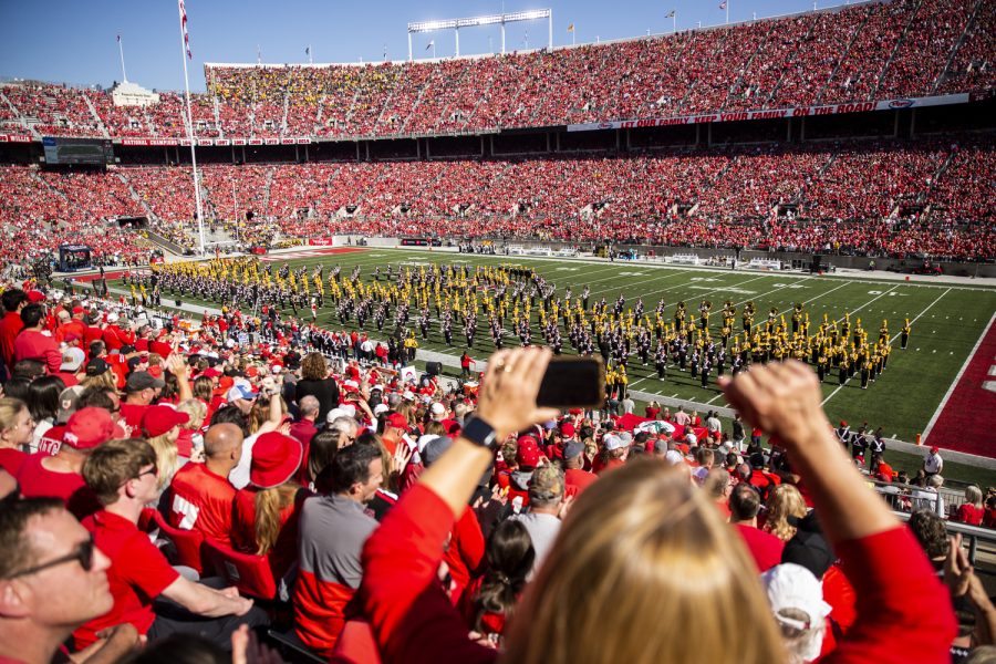 The Iowa marching band and Ohio State marching band perform together at halftime during a football game between Iowa and No. 2 Ohio State at Ohio Stadium in Columbus, Ohio, on Saturday, Oct. 22, 2022. The Buckeyes did a joint performance for the first time in about 30 years. The Buckeyes defeated the Hawkeyes, 54-10.