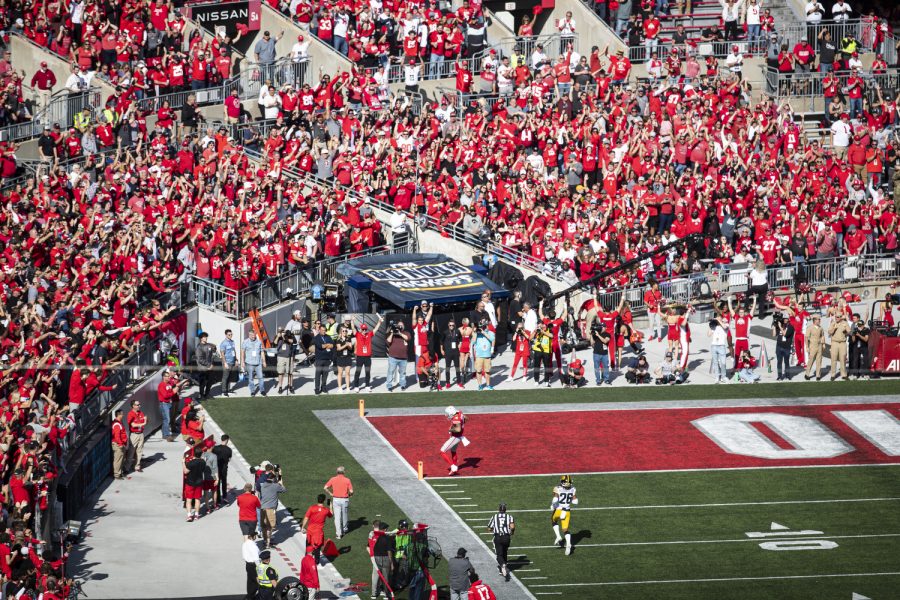 Ohio State wide receiver Julian Fleming runs into the end zone for a touchdown during a football game between Iowa and No. 2 Ohio State at Ohio Stadium in Columbus, Ohio, on Saturday, Oct. 22, 2022. Fleming caught two passes for 105 yards and a touchdown. The Buckeyes defeated the Hawkeyes, 54-10.