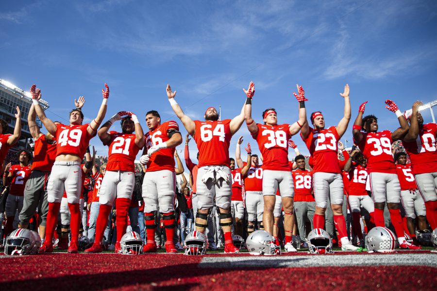 Ohio State players celebrate after a football game between Iowa and No. 2 Ohio State at Ohio Stadium in Columbus, Ohio, on Saturday, Oct. 22, 2022. The Buckeyes defeated the Hawkeyes, 54-10.