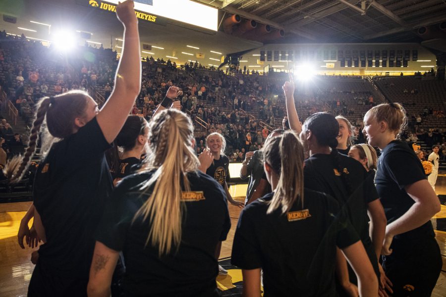 Iowa huddles up before a women’s exhibition basketball game between Iowa and Nebraska-Kearney at Carver-Hawkeye Arena on Friday, Oct. 28, 2022. The team went 42-of-61 in field goals during the game. The Hawkeyes defeated the Lopers, 108-29. 