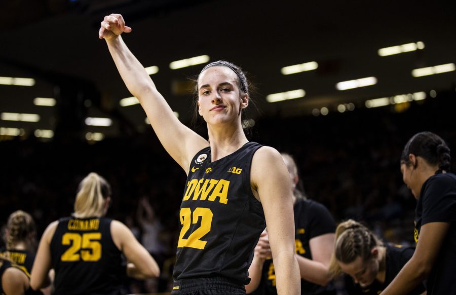 Iowa guard Caitlin Clark cheers during a women’s exhibition basketball game between Iowa and Nebraska-Kearney at Carver-Hawkeye Arena on Friday, Oct. 28, 2022. Clark went 6-of-6 in 3-pointers. The Hawkeyes defeated the Lopers, 108-29. 