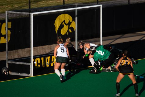 The ball rolls into the Michigan State net during a field hockey game between Iowa and Michigan State at Grant Field in Iowa City on Friday, Oct. 28, 2022. The Hawkeyes defeated the Spartans, 1-0.