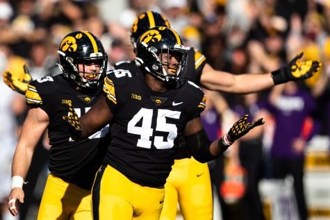 Iowa defensive lineman Deontae Craig celebrates after a sack during a football game between Iowa and Northwestern at Kinnick Stadium on Saturday, Oct. 29, 2022. Craig earned three tackles. Iowa defeated Northwestern, 33-13.
