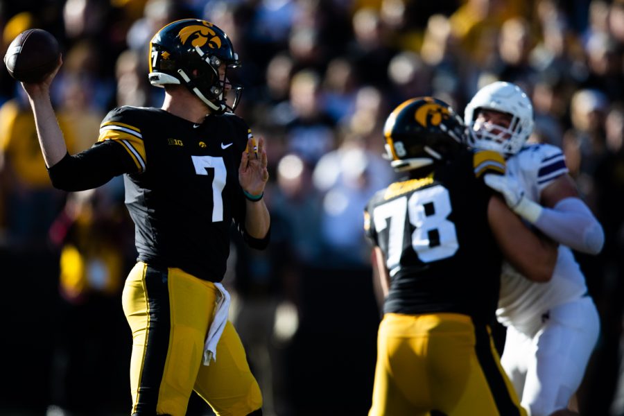 Iowa quarterback Spencer Petras looks to pass the ball during a football game between Iowa and Northwestern at Kinnick Stadium on Saturday, Oct. 29, 2022. Iowa leads at halftime, 20-0.