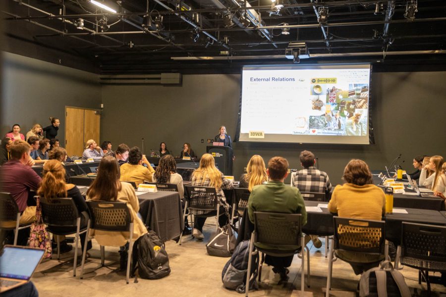 Students meet during an undergraduate student government meeting in the Black Box Theatre of the Iowa Memorial Union on Oct. 4 2022.