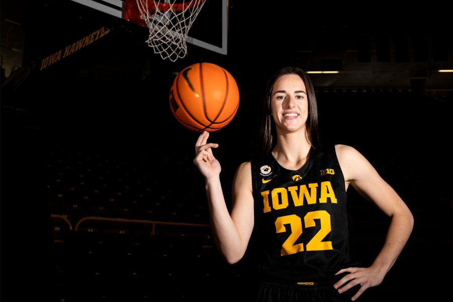 Iowa guard Caitlin Clark poses for a portrait during Iowa Women’s Basketball Media Day at Carver-Hawkeye Arena in Iowa City on Thursday, Oct. 20, 2022. Clark averaged 27 points per game — the most in the nation, eight assists per game — also ranking first in the nation, and eight rebounds per game during her sophomore season in 2021-22. Clark has amassed1,662 points in two years at Iowa, becoming the fasted Division I player — men’s or women’s — to reach 1,500 career points over the last 20 seasons.
