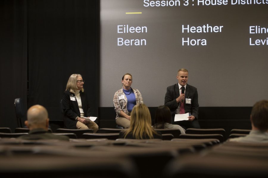 Candidates from house districts 92 and 89 Jacob Onken, Eileen Beran and Elinor Levin speaking during the legislative forum. The University of Iowa hosted a Legislative Forum at the Iowa Theater in the IMU on Thursday Oct. 6, 2022.  (Grace Kreber/The Daily Iowan)