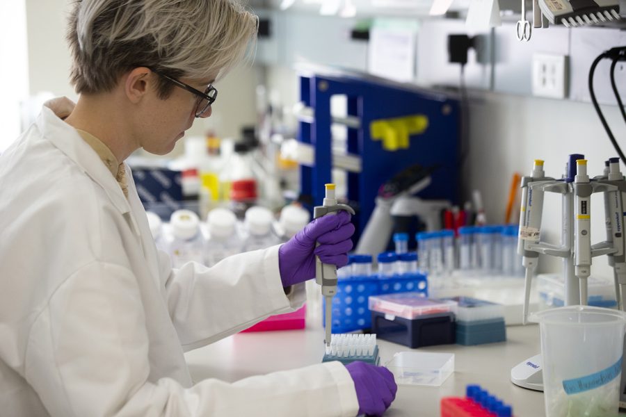 Taylor Thomas, a graduate student, works in a lab. The research, led by SPARK and Columbia University discovered 60 new genes related to autism. Oct. 4, 2022. (Matt Sindt/The Daily Iowan)