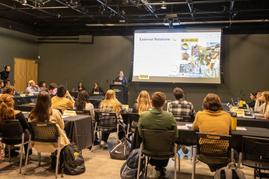 Students meet during an Undergraduate Student Government meeting in the Black Box Theatre of the Iowa Memorial Union on Tuesday, Oct. 4, 2022.
