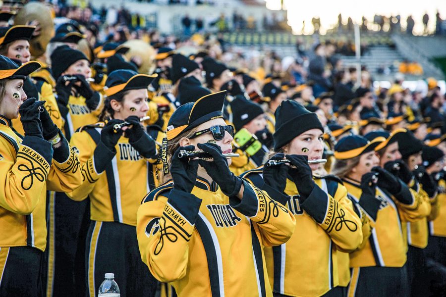 The Iowa marching band plays during a football game between No. 2 Iowa and Purdue at Kinnick Stadium on Saturday, Oct. 16, 2021. The Boilermakers defeated the Hawkeyes, 24-7. 