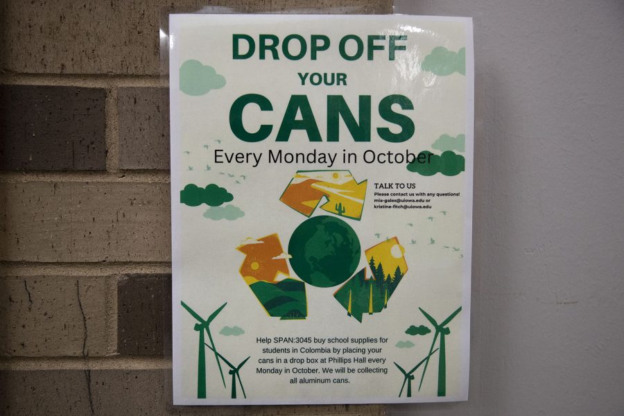 Drop off bins for cans are seen in Phillips Hall in downtown Iowa City on Monday, Oct. 24, 2022. 