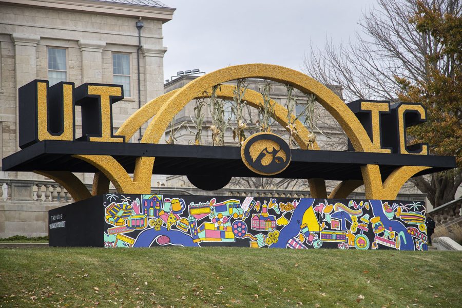 The Corn Monument is seen in front of the Pentacrest on the University of Iowa campus in Iowa City on Tuesday, Oct. 25, 2022. The construction of a Corn Monument for Homecoming week has been an annual tradition at the University of Iowa since 1912. 