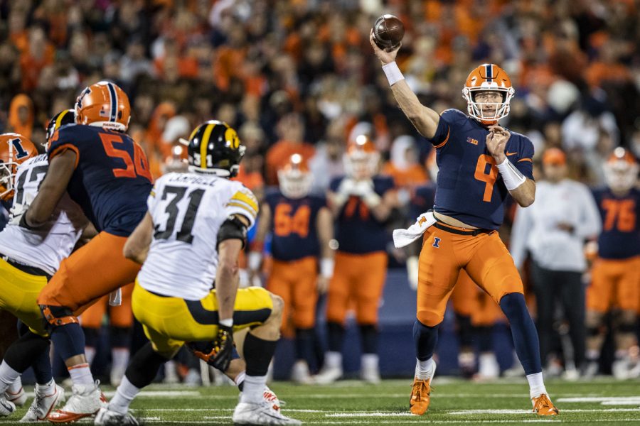 Illinois quarterback Artur Sitkowski throws a pass during a football game between Iowa and Illinois at Memorial Stadium in Champaign, Ill., on Saturday, Oct. 8, 2022.