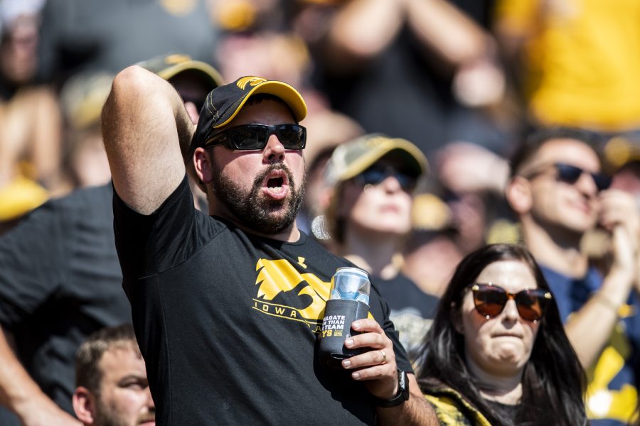 An Iowa fan reacts during a football game between Iowa and No. 4 Michigan at Kinnick Stadium in Iowa City on Saturday, Oct. 1, 2022. The Wolverines defeated the Hawkeyes, 27-14.