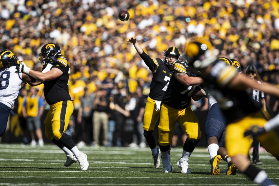 Iowa+quarterback+Spencer+Petras+throws+a+pass+during+a+football+game+between+Iowa+and+No.+4+Michigan+at+Kinnick+Stadium+in+Iowa+City+on+Saturday%2C+Oct.+1%2C+2022.+Petras+threw+for+246+yards+and+a+touchdown.+The+Wolverines+defeated+the+Hawkeyes%2C+27-14.