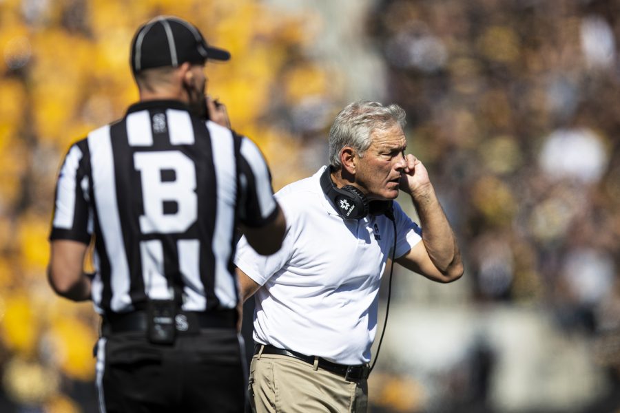 Iowa+head+coach+Kirk+Ferentz+moves+to+discuss+with+officials+during+a+football+game+between+Iowa+and+No.+4+Michigan+at+Kinnick+Stadium+in+Iowa+City+on+Saturday%2C+Oct.+1%2C+2022.+The+Wolverines+defeated+the+Hawkeyes%2C+27-14.