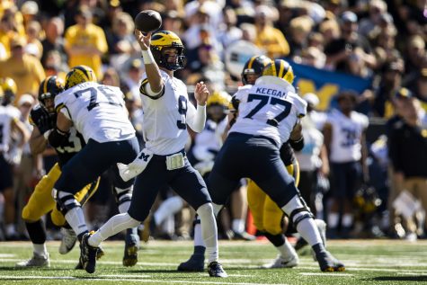 Michigan quarterback J.J. McCarthy throws a pass during a football game between Iowa and No. 4 Michigan at Kinnick Stadium in Iowa City on Saturday, Oct. 1, 2022. McCarthy’s longest pass went for 29 yards to wide receiver Andre Anthony. The Wolverines defeated the Hawkeyes, 27-14.