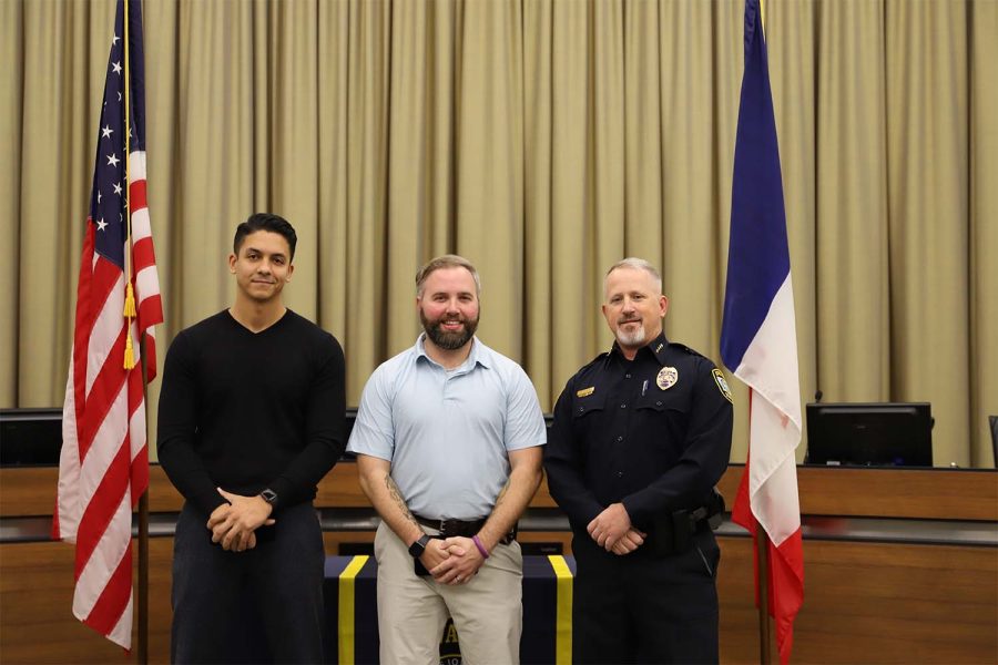 Contributed photo of Officers Daniel Boesen and Ivan Rossi alongside Police Chief Dustin Liston.