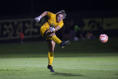 Iowa goalkeeper Monica Wilhelm kicks the ball during a soccer game against Pacific at the Iowa Soccer Complex in Iowa City on Thursday, Sept. 1, 2022. The Hawkeyes and the Tigers tied, 1-1. Wilhelm recorded two saves and allowed one goal.