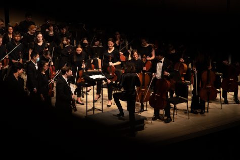 The UI Symphony Orchestra, led by Dr. Mélisse Brunet, plays in the Voxman Concert Hall on Friday, Sept. 30, 2022. 