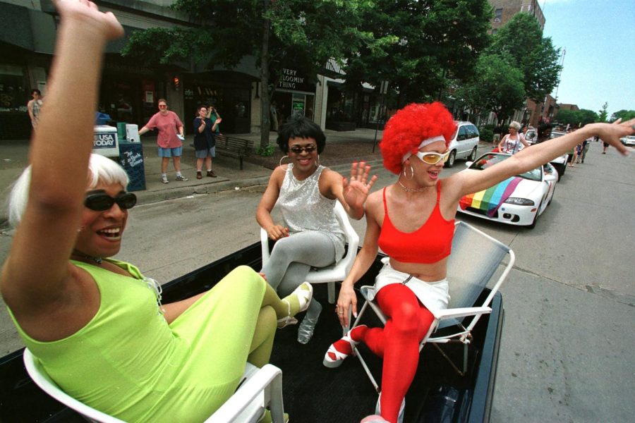 Photo of a pride parade in downtown Iowa City from Sunday, June 21, 1998.
