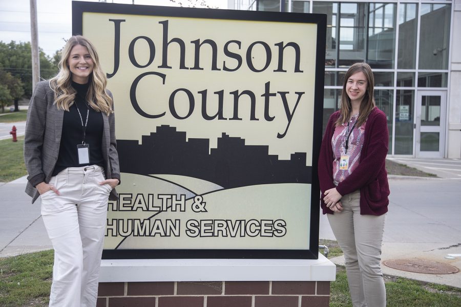 Jamie Gade Public Health Systems Analyst  and Lisa Parlato Chronic Disease Prevention Specialist for Johnson County Public Health pose for a portrait at the Johnson County Public Health building in Iowa City on Wednesday Oct. 5, 2022.  