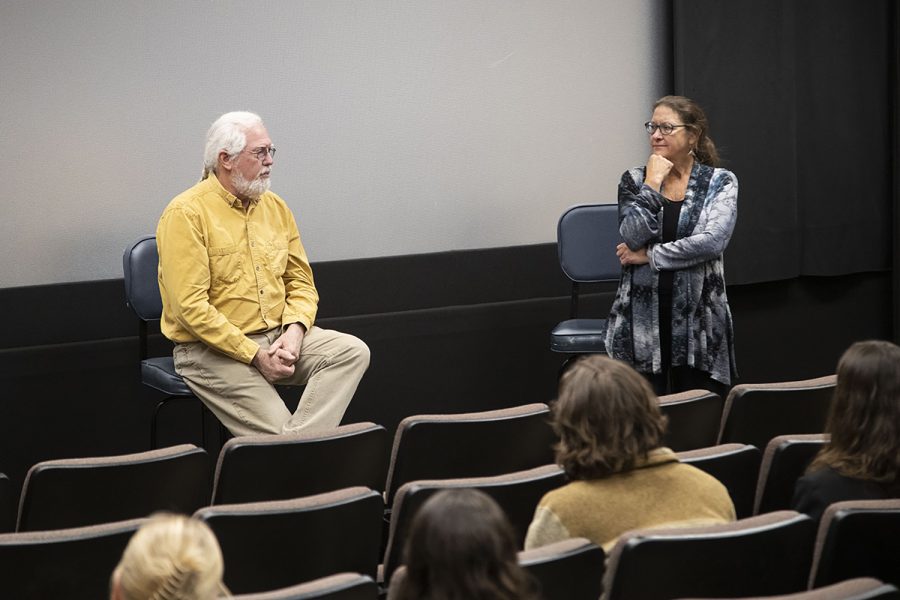 Chris and Ann Ruge speak after a screening of “The Providers” in the Iowa Theater in the Iowa Memorial Union on Oct. 13, 2021