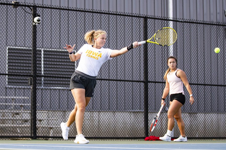 Iowa’s Barbora Pokorna hits a ball during a practice for the Iowa tennis team at the Hawkeye Tennis & Recreation Complex in Iowa City on Tuesday, Oct. 11, 2022.