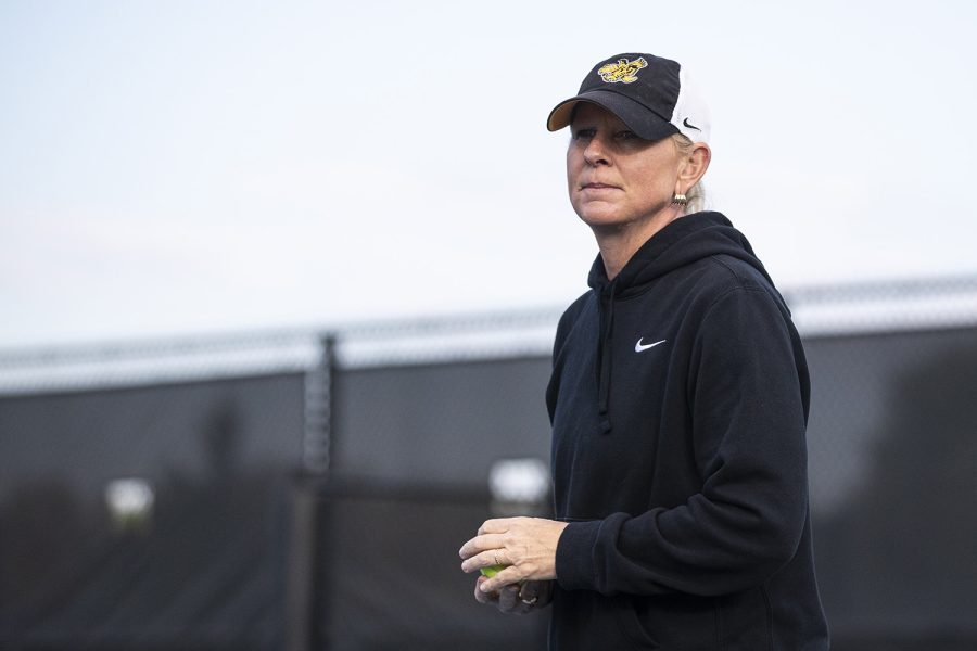 Iowa head coach Sasha Schmid watches drills during a practice for the Iowa tennis team at the Hawkeye Tennis & Recreation Complex in Iowa City on Tuesday, Oct. 11, 2022.