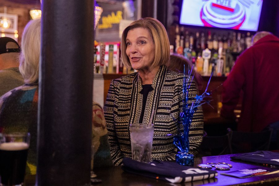 Liz Mathis speaks with attendees during her election night watch party Uptown Snug in Cedar Rapids, Iowa, on Tuesday, Nov. 8, 2022. Mathis is a democratic nominee for Second Congressional District. 