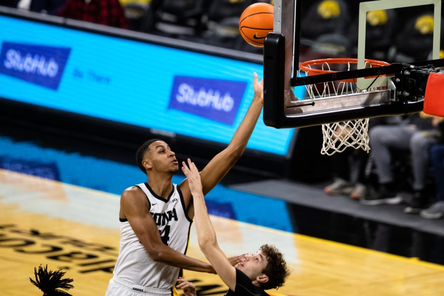 Iowa forward Kris Murray goes for a layup during a mens exhibition basketball game between Iowa and Truman State at Carver-Hawkeye Arena in Iowa City on Monday, Oct. 31, 2022. Murray made nine of 14 field goal attempts. Iowa defeated Truman State, 118-72.