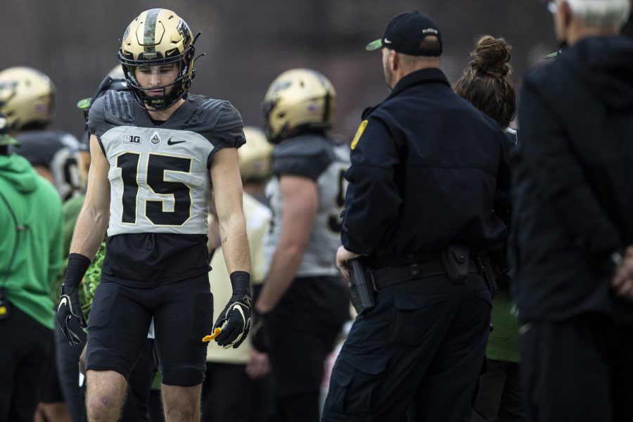 Purdue wide receiver Charlie Jones (15) walks along the sideline during a football game between Iowa and Purdue at Ross-Ade Stadium in West Lafayette, Ind., on Saturday, Nov. 5, 2022.