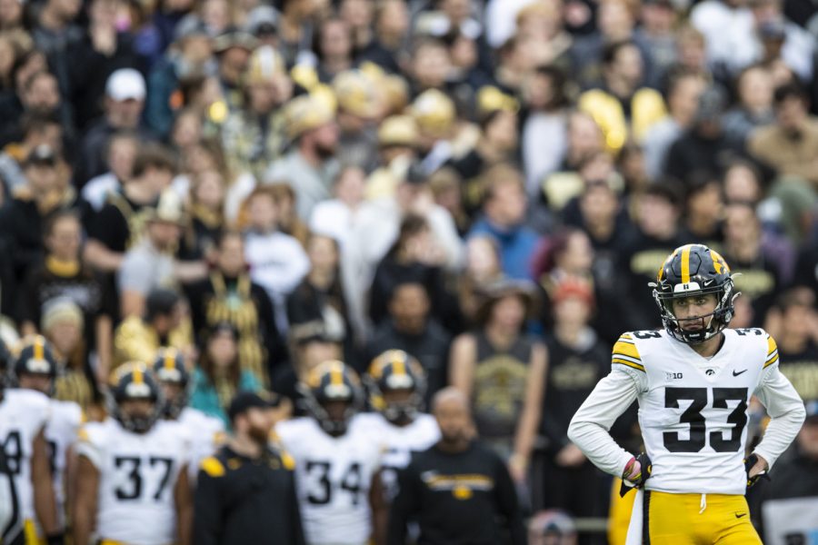 Iowa+defensive+back+Riley+Moss+%2833%29++stares+down+the+Purdue+offensive+huddle+during+a+football+game+between+Iowa+and+Purdue+at+Ross-Ade+Stadium+in+West+Lafayette%2C+Ind.%2C+on+Saturday%2C+Nov.+5%2C+2022.