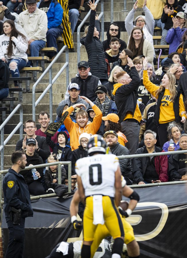 Iowa fans celebrate a touchdown from tight end Sam LaPorta during a football game between Iowa and Purdue at Ross-Ade Stadium in West Lafayette, Ind., on Saturday, Nov. 5, 2022.