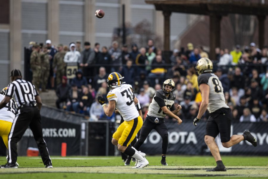 Purdue quarterback Aidan O'Connell (16) throws a pass during a football game between Iowa and Purdue at Ross-Ade Stadium in West Lafayette, Ind., on Saturday, Nov. 5, 2022.