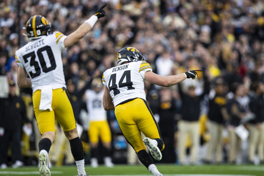 Iowa linebacker Seth Benson (44) celebrates an interception during a football game between Iowa and Purdue at Ross-Ade Stadium in West Lafayette, Ind., on Saturday, Nov. 5, 2022.