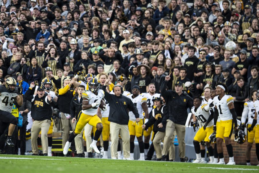 Iowa running back Kaleb Johnson (2) carries the ball down the sideline during a football game between Iowa and Purdue at Ross-Ade Stadium in West Lafayette, Ind., on Saturday, Nov. 5, 2022.