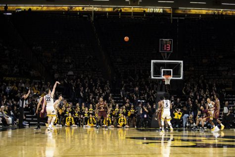 Iowa forward Patrick McCaffery shoots a 3-pointer during a men’s basketball game between Iowa and Bethune-Cookman at Carver-Hawkeye Arena in Iowa City on Monday, Nov. 7, 2022. McCaffery shot 3-of-5 in 3-pointers. The Hawkeyes defeated the Wildcats, 89-58. 