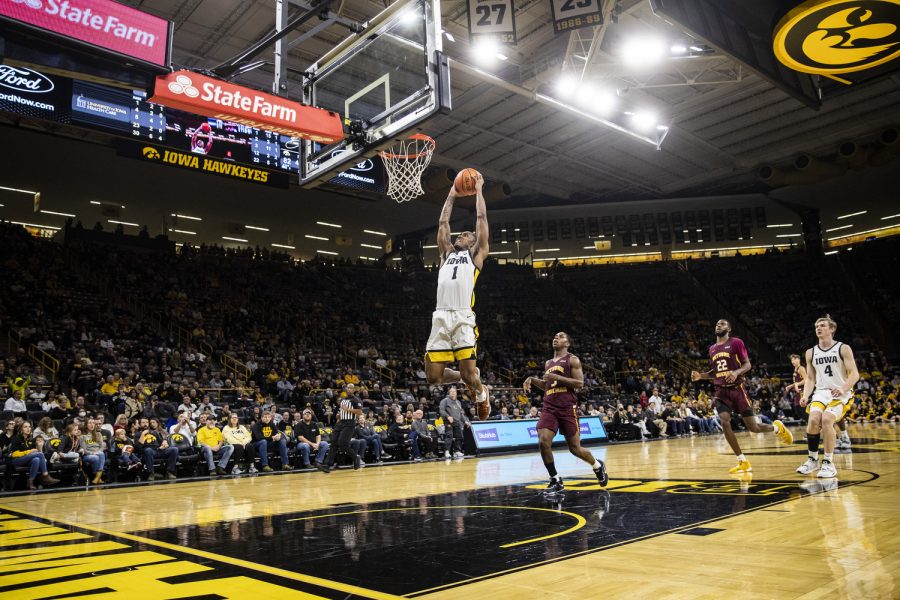Iowa guard Ahron Ulis dunks the ball during a men’s basketball game between Iowa and Bethune-Cookman at Carver-Hawkeye Arena in Iowa City on Monday, Nov. 7, 2022. Ulis did not compete in Iowa’s exhibition game against Truman State after serving a suspension. The Hawkeyes defeated the Wildcats, 89-58. 