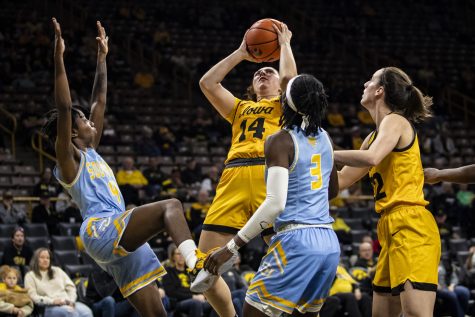 Iowa forward McKenna Warnock shoots the ball during a women’s basketball game between Iowa and Southern University at Carver-Hawkeye Arena in Iowa City on Monday, Nov. 7, 2022. Warnock shot 2-of-6 in the field. The Hawkeyes defeated the Jaguars, 87-34. 