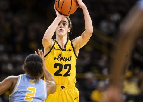 Iowa guard Caitlin Clark shoots a 3-pointer during a women’s basketball game between Iowa and Southern University at Carver-Hawkeye Arena in Iowa City on Monday, Nov. 7, 2022. Clark shot 3-of-6 in 3-pointers.The Hawkeyes defeated the Jaguars, 87-34. 