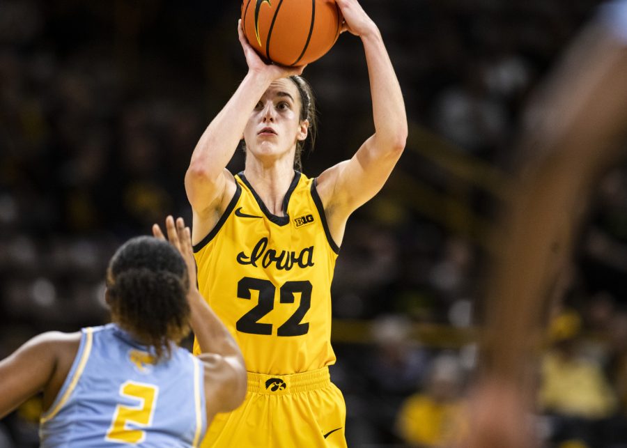 Iowa+guard+Caitlin+Clark+shoots+a+3-pointer+during+a+women%E2%80%99s+basketball+game+between+Iowa+and+Southern+University+at+Carver-Hawkeye+Arena+in+Iowa+City+on+Monday%2C+Nov.+7%2C+2022.+Clark+shot+3-of-6+in+3-pointers.The+Hawkeyes+defeated+the+Jaguars%2C+87-34.+