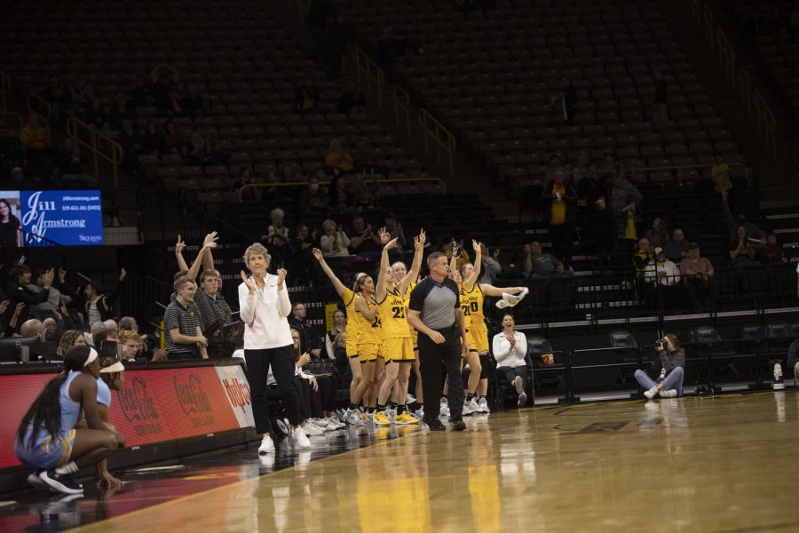 Iowa celebrates during a women’s basketball game between Iowa and Southern University at Carver-Hawkeye Arena in Iowa City on Monday, Nov. 7, 2022. The Hawkeyes defeated the Jaguars, 87-34. 