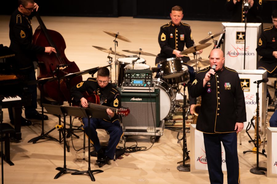 Vocalist Sergeant First Class Randy Wight sings at The United States Army Field Band “Jazz Ambassadors” Big Band concert in the Voxman Concert Hall Thursday Nov. 10, 2022. 