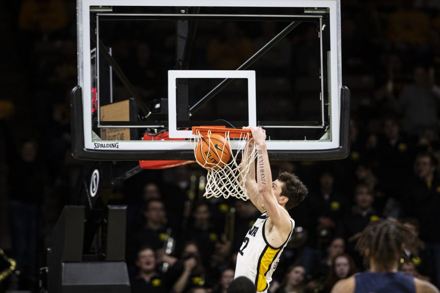 Iowa forward Patrick McCaffery dunks the ball during a mens basketball game between Iowa and North Carolina A&T at Carver-Hawkeye Arena in Iowa City on Friday, Nov. 11, 2022. McCaffery scored 21 points in the game. The Hawkeyes defeated the Aggies, 112-71.