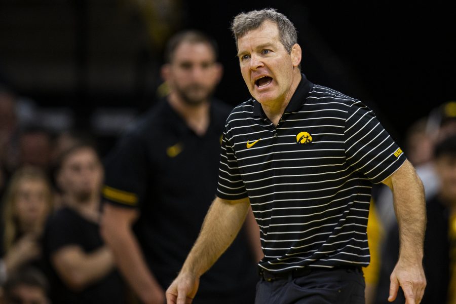 Iowa head coach Tom Brands yells during a wrestling meet between Iowa and Cal Baptist at Carver-Hawkeye Arena on Sunday, Nov. 13, 2022. The Hawkeyes defeated the Lancers, 42-3. 