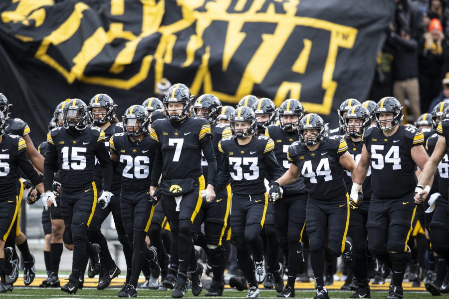 The+Hawkeyes+take+the+field+during+a+football+game+between+Iowa+and+Wisconsin+at+Kinnick+Stadium+on+Saturday%2C+Nov.+12%2C+2022.+Wisconsin+led+the+historic+rivalry+entering+the+game%2C+49-44%2C+and+won+the+previous+matchup+in+Madison+last+year.+The+Hawkeyes+defeated+the+Badgers%2C+24-10.