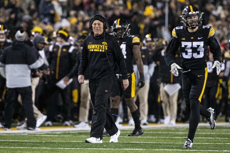 Iowa+head+coach+Kirk+Ferentz+smiles+after+a+forced+fumble+during+a+football+game+between+Iowa+and+Wisconsin+at+Kinnick+Stadium+on+Saturday%2C+Nov.+12%2C+2022.+After+recording+the+win%2C+Iowa+secured+bowl+eligibility.+The+Hawkeyes+defeated+the+Badgers%2C+24-10.
