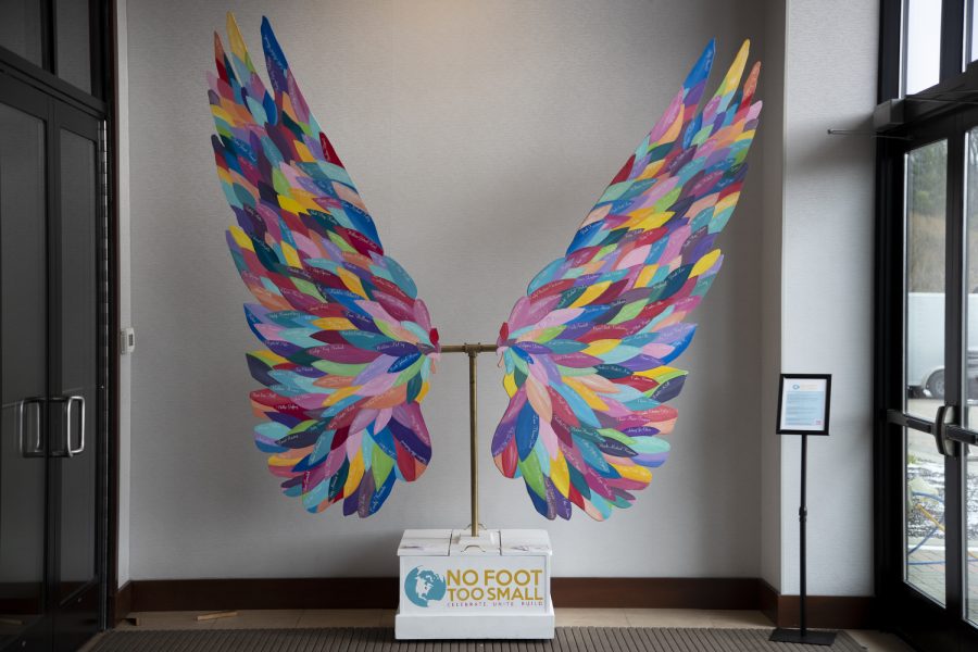 The No Foot Too Small art sculpture is seen at the Hyatt Regency in Coralville Iowa Nov. 18, 2022. The wings raise awareness for pregnancy and infant loss; each feather being someone lost.